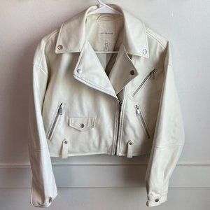 Avec Les Filles Off White Faux Leather Cropped Moto Jacket